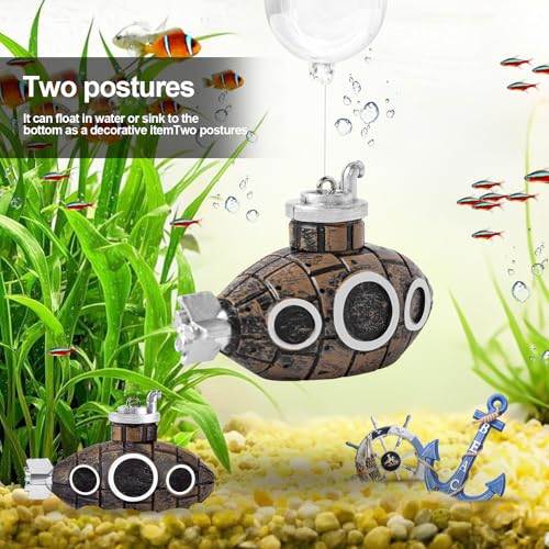 CousDUoBe 2.1 in Mini Floating Submarine Fish Tank Decoration Set，Cute Retro Submarine Set and Floating Diver,Aquarium Decorations Resinous Betta Fish Tank Accessories - color: Brown