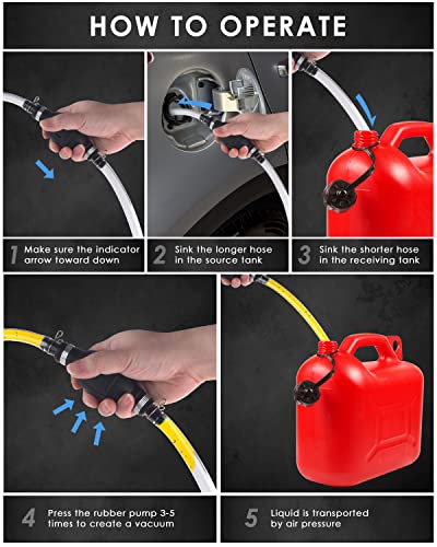KATUMO Siphon Pump, Upgraded 15MM Enlarged Caliber Gasoline Siphon Hose Siphon Fuel Hand Pump for Gasoline, Oil, Diesel & Water with Hoses, Pinch Clips, Hose Retainer, Brass Extender