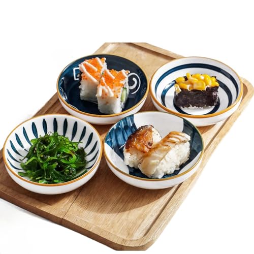 4 Pack 3 oz Cute Japanese Soy Sauce Dish Small Dipping Sauce Bowls Ceramic Sushi Dipping Bowls for Sushi,Side Dish,Ketchup,Dips,Condiment,Snack,BBQ Party - color: Japanese Blue