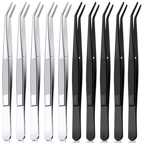 Honoson 10 Pcs Stainless Steel Tweezers for Crafting with Curved Serrated Tip Multipurpose Forceps Sewing Machine Tweezers Bulk (Silver,Black) - color: Silver, Black