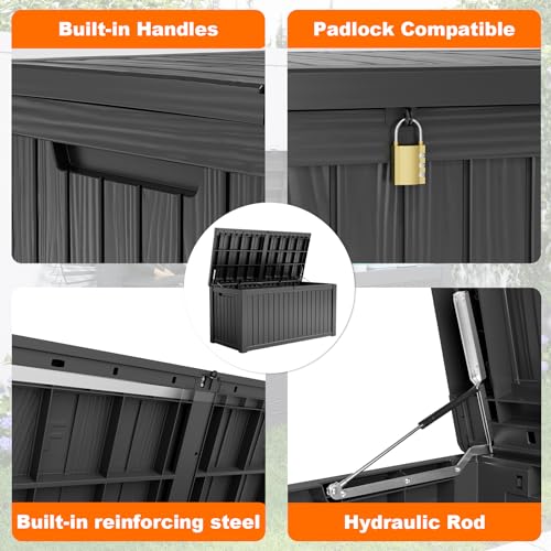 PatioZen 180 Gallon Resin Deck Box, Lockable Patio Outdoor Storage Box for Furniture, Garden Tools and Tools Storage, Waterproof Outside Storage Boxes - Black - color: Black, size: 180 Gallon