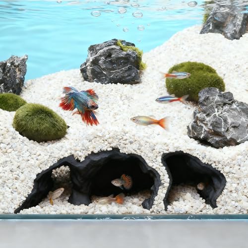LIYAOLI Aquarium Ornaments Cave Tunnel with Viewing Ports | Fish Tank Decoration Hideout for Pleco, Shrimp & Corydoras | Substrate-Friendly Design & Sinking Base (S - Black) - color: S - Black