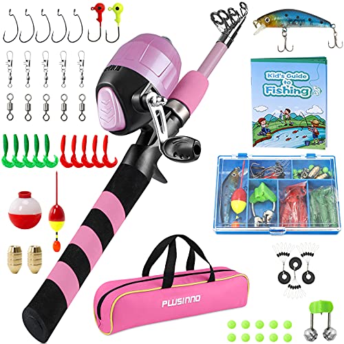 PLUSINNO Kids Fishing Pole, Portable Telescopic Fishing Rod and Reel Combo Kit - with Spincast Fishing Reel Tackle Box for Boys, Girls, Youth - color: Pink, size: 5.91 ft