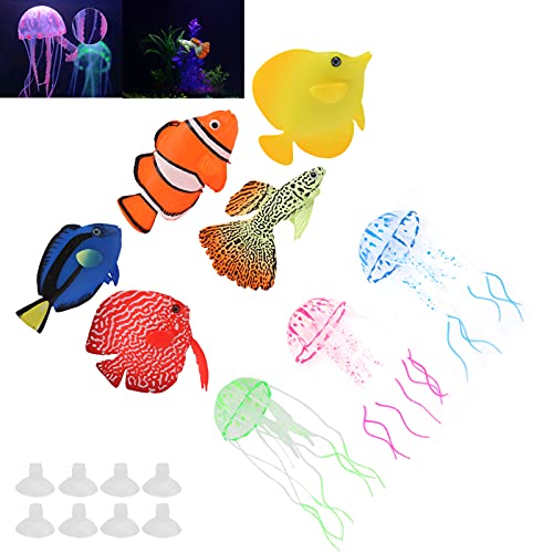 Artificial Glowing Fish Set, Fake Aquarium Decorations with Luminous Jellyfish, Silicone Floating Fish Tank Decor for Freshwater and Saltwater Tanks, Includes Suction Cups and Tran