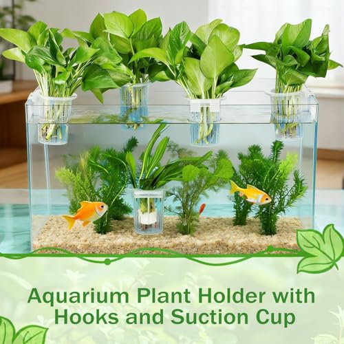 4 Pack Aquarium Plant Holder for Live Plants, Fish Tank Plant Holder with 24 Adjustable Hooks (3 Sizes) & 8 Aquarium Suction Cups, Plant Holder for Fish Tank for Pothos, Aquascape Decorations