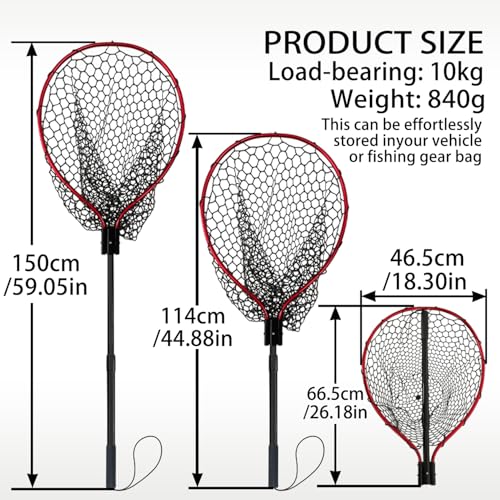 All Metal Telescoping Rubber Fishing Net with Handle Length: 59" Depth:19.7" Hoop: 26"x18" Large Silicone Fish Landing Net Pier/Kayak/Fishpond/Saltwater/Salmon Extendable Fishing Gear - color: Red
