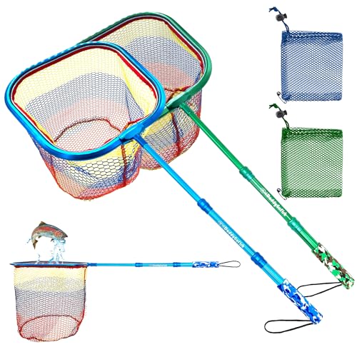 DaddyGoFish Kids Fishing Net - Extendable Telescopic Landing Net for Boy Girl Children Catching Small Fish Crab Shrimp Minnow Dragonfly Beach Pier Lake River Ocean - color: Style 3 (2 Pack, Blue + Green)