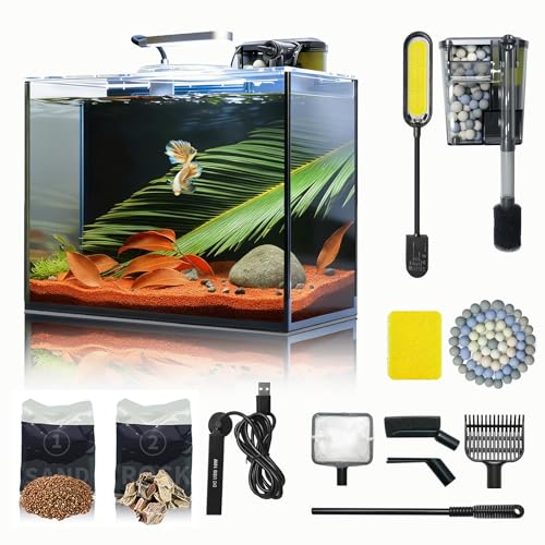 2.6 Gallon Small Aquarium Set Glass Fish Tank, Starter Kit with Heater Water Pump Cleaning System Filter Bright Light Rocks Gravel Cleaning Tool, Leak-Proof Clear Rimless Desktop Spaces Saving Betta