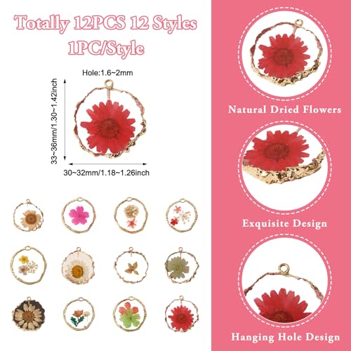 Transparent Flower Resin Charms Round Gold Edge Dried Floral Pendants Flat Round Clear Gold Foil Floral Charms for Necklace Bookmark Keychain Jewelry Making - color: Flower-2