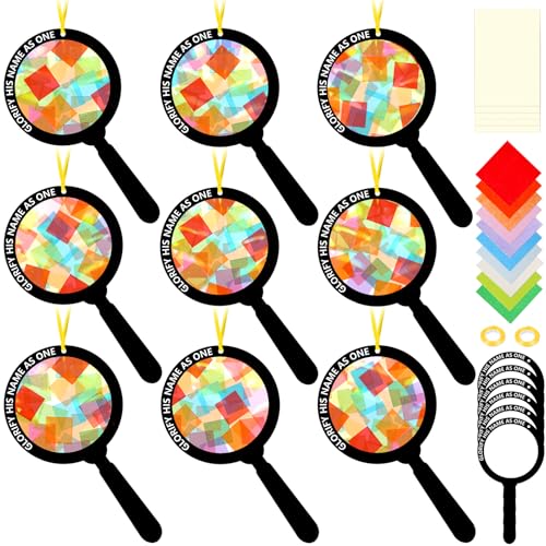 Renbuzhu 48PCS Sunday School VBS Crafts Bulk: Paper Magnifying Glass Nativity Suncatchers, Jesus Religious Christian Activity DIY Kits Church Decorations, Window Stained Glass Effect Art Supplies - style: magnifying glass