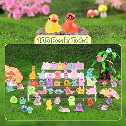 105PCS Mini Resin Animals Tiny Cute Figurines Glow in Dark, Miniature Figures to Hide, Little Animal Small Accessories for Topper Desk Garden Dollhouse Landscape Aquarium Ornaments Crafts & Decor - color: Luminous Animals D-105pcs