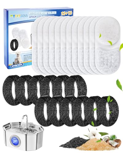 12+12 Pack Cat Water Fountain Filter Replacement Compatible with APAUK Automatic 108oz/3.2L Cat Fountain, Activated Carbon Water Filter for Cat Fountain & Sponges - color: 12 + 12 Pack