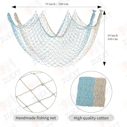 ZUEXT Decorative Fishing Net Large Blue & Beige 80x40 Inch, 2 Pack Picture Fish Net, Wall Photo Hanging Fishnet for Nautical Mermaid Pirate Ocean Themed Hawaii Beach Under The Sea Party Decorations - color: Light Blue & Beige, size: 80" x 40" - 2 Pack