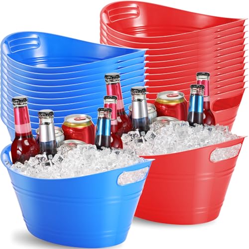 Norme 24 Pcs Oval Storage Tub with Handles, 4.5l Plastic Ice Buckets Bulk for Wine Beer Champagne Drink Cooler Beverage Storage Tub for Parties BBQ Weddings Party Outdoor Celebration(Blue & Red) - color: Red, Pink, Purple, Rose Red