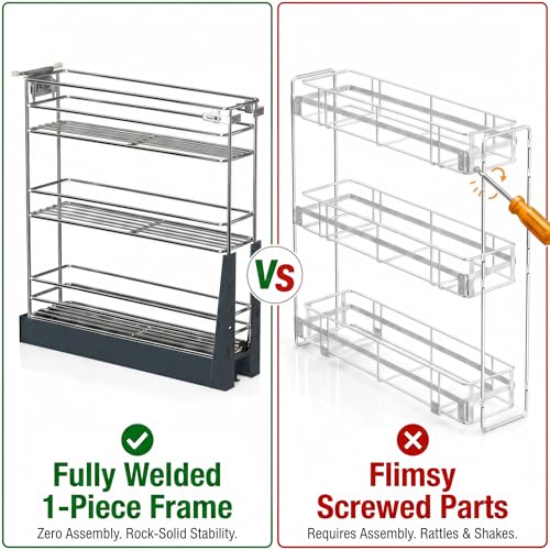 JOWBOOW 4 Inch Pull Out Spice Rack for 9 Inch Base Cabinet, Fully Assembled Heavy Duty 3-Tier Narrow Slide Out Organizer Anti-Wobble Wheels & Door Mount Kit, Bottom Mount - size: 4"W Bottom-Mount (Min 5" Opening)