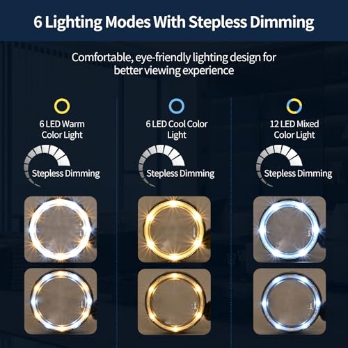 45X Magnifying Glass with Light, Rechargeable LED Magnifier for Reading | 1200mAh Battery • 6 Light Modes • Dual Acrylic Lenses • 4.6" Lens • Adjustable Brightness • 12 LEDs • Non-slip Handle - color: Black