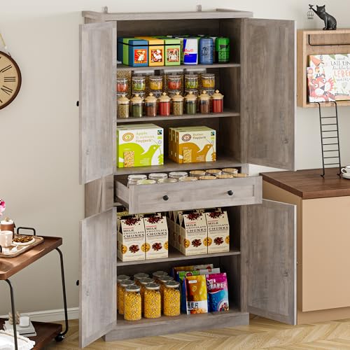BORNOON Pantry Organizers and Storage Cabinet, 67.7” Barn Door White Kitchen Cabinet with Drawers and Adjustable Shelf, Tall Pantry for Kitchen, Dining Room, Living Room Bedroom - color: Wood, size: Single Drawer