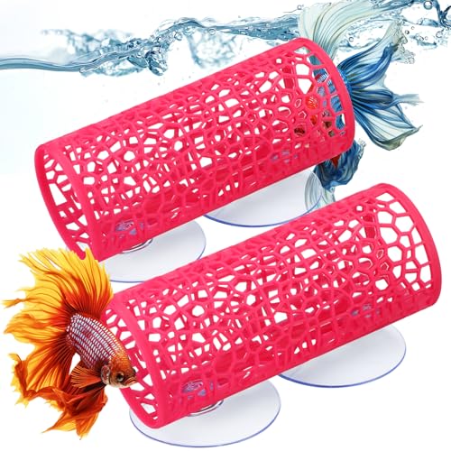 Honeydak 2 Pcs Betta Fish Tank Accessories Betta Tunnel Fish Toys Safe Hollow Hammock Cave Aquarium Decor with Suction Cups for Small Shrimp Reptile Guppies(Pink,Hideout Tube) - color: Pink