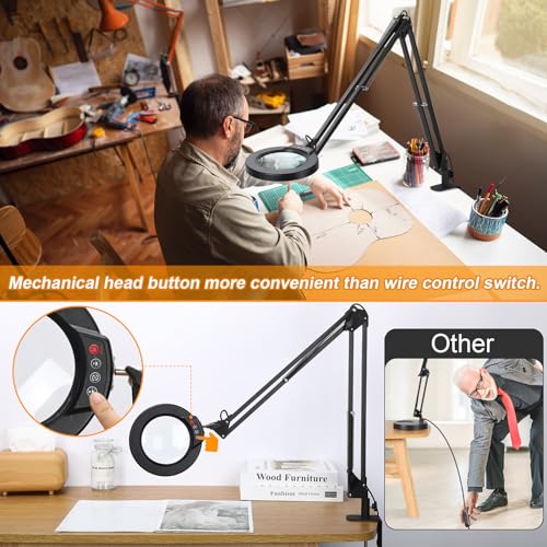 12X Large Magnifying Glass with Light and Clamp, Real Glass, 5 Color Modes, Stepless Dimmable, 2 x 16 Inch Adjustable Swing Arm Stand Desk Lamp, LED Lighted Magnifier Hands Free for Close Work, Hobby - color: Black, size: 12X 32inch Clamp