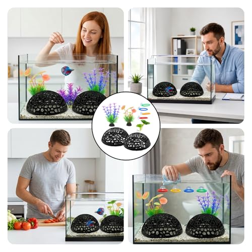 9 Pcs Betta Toys and Betta Enrichment Toys, Aquarium Shrimp Hides and Shrimp Hide Accessories Behavioral Stimulation, Complete Set with Hiding Caves and Training Rings