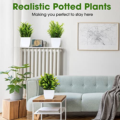 12 Pcs Fake Plants Small Artificial Faux Plants for Shelf Mini Plastic Potted Greenery for Home Office Desk Bathroom Bedroom Indoor Decor(White Pot,Green)