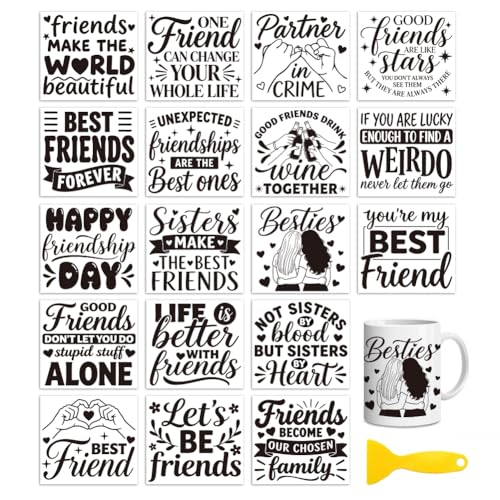 Peacoblue 18 Sheets Rub on Transfers for Crafts, Best Friends Quotes 3.6"x3.9" UV DTF Cup Wraps Waterproof Cold Transfers Stickers for Wood Glass Metal Cup Tumblers Mirrors Mugs Home Decor - style: Best Friends Quotes