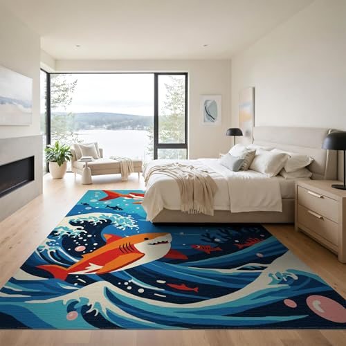 9'x12' Washable Kawaii Shark Oversized Rug, Orange Non-Shedding Pet Friendly Carpet Foldable Easy Care Mat for Master Suite, California King, Under Bed | Ref:2070034 - color: Blue/Pattern 11, size: 9' x 12' (Rectangular)