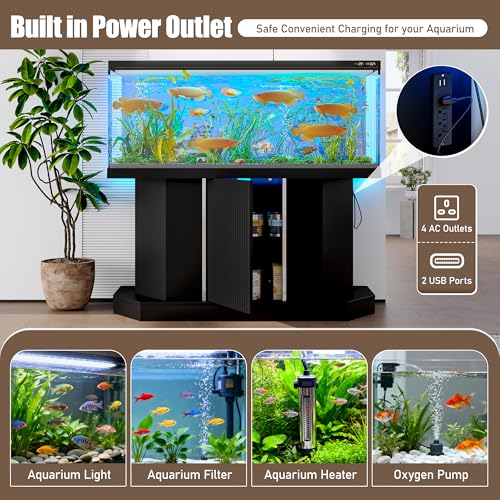 JIJIWANG 55-75 Gallon Fish Tank Stand with 4AC 2USB Outlet, Heavy Duty Aquarium Cabinet, 880LBS Capacity for Turtle Tank Reptile Terrarium, Black - color: Black, size: 47.64"L x 14.17"W x 28.7"H