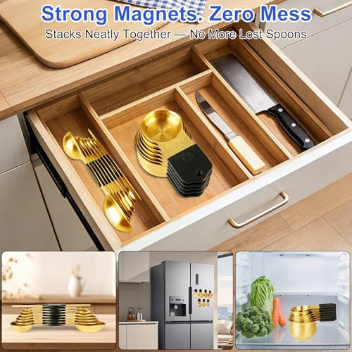 Magnetic Measuring Cups & Spoons Set, Strong N45 Magnets, Heavy Duty Stainless Steel Fits in Spice Jars for Baking & Cooking, BPA Free, Round Set of 15 with Leveler,Gold - color: Measuring Cups & Spoons Set of 15(gold)
