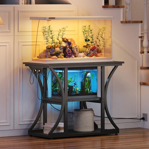 50 Gallon Aquarium Stand with Power Outlets Fish Tank Stand with 3-Tier Storage Shelves Display Stand for Turtle Tank Shelves Metal Frame Stand for Living Room Office Entryway(Black) - color: Black