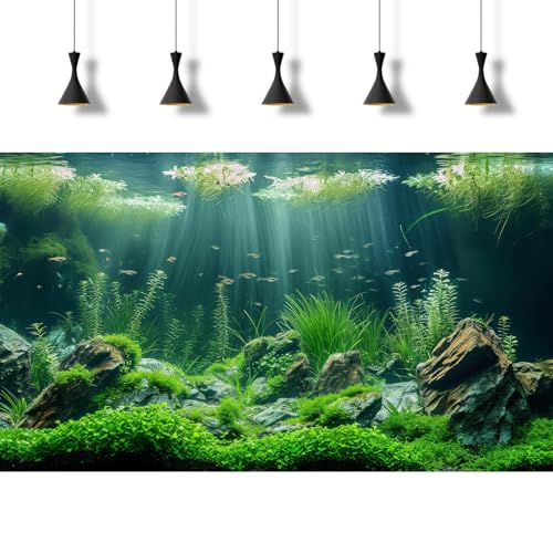 Underwater Aquatic Seagrass Aquarium Background Under The Sea Grass Leaves Lush Green Moss Fish Tank Background Deep Sea Rock Cork with Foggy Misty Sunbeams Terrarium Backgrounds Wallpaper 30x18in - size: 30(W)x18(H)inches/ 75(W)*45cm(H)