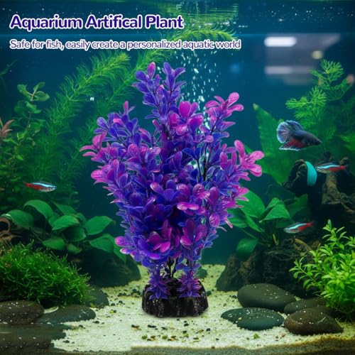 Mipukbay Purple Aquarium Plants - Artificial Plastic Fish Tank Decor, Realistic Ornament Safe for Fish & Shrimp, Low-Maintenance Aquascaping Plants for Freshwater/Saltwater Tank Landscaping - color: Purple-1