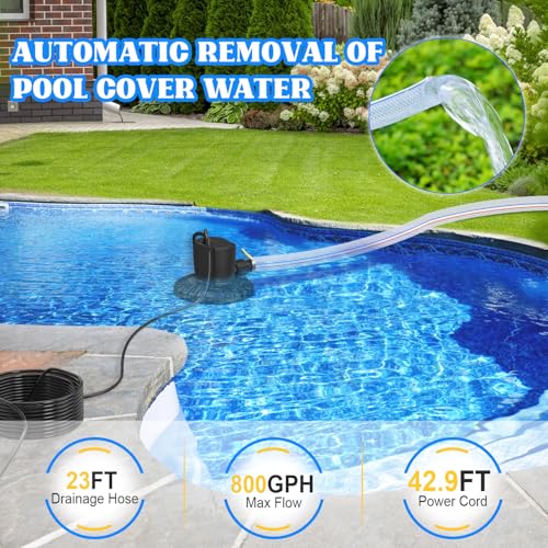 Pool Cover Pump, 3000L/H Automatic On Off Swimming Pool Cover Pump with 2 Garden Hose Adapters, 23ft Drainage Hose, and 49ft Power Cord, Submersible Water Pump for Pool, Tubs, and Water Beds