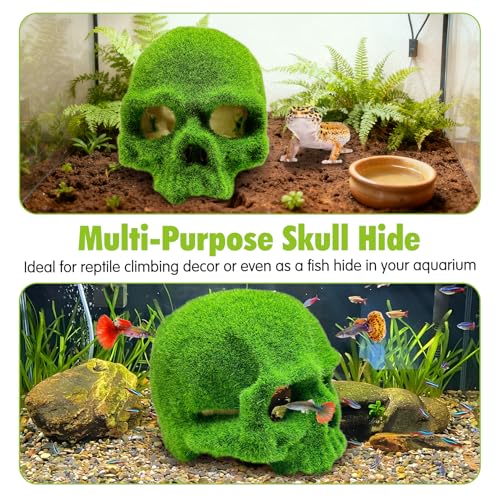 Tfwadmx Mossy Skull Aquarium Decor, Resin Fish Tank Decorations Shrimp Cave Aquarium Betta Fish Hiedout Reptile House for Small Fish