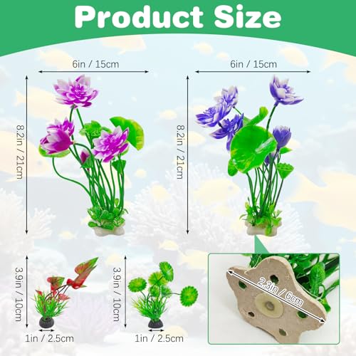 Hamiledyi 2 Pcs Artificial Lotus Flowers with Small Artificial Seaweed Plants Fish Tank Plastic Plants Decorations Purple and White-Purple Blossoms Artificial Water Plants Perfect for Aquarium Decor
