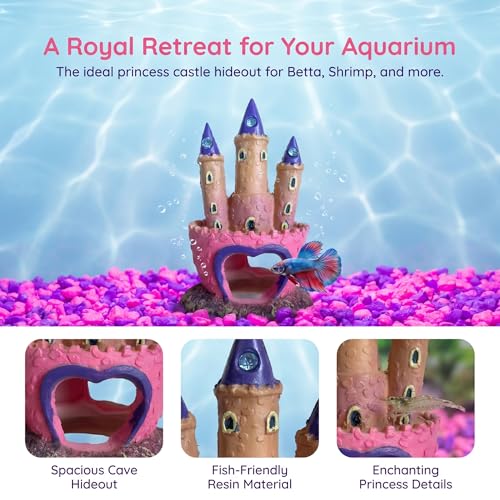 Pink Resin Aquarium Castle Decor, Fish Tank Cave Hideout for Betta Fish, Shrimp, Cichlids - Princess Style Ornament Safe for Freshwater & Saltwater Tanks, Medium Size