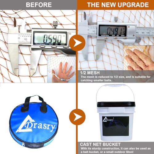 Drasry Saltwater Fishing Cast Net for Bait 3/8 1/4 or 1/2 with Heavy Sinkers Fish Trap Throw Net. Size 3ft/4ft/5ft/6ft/7ft/8ft/9ft/10ft Radius Freshwater Nets - size: 6FT (180cm) Radius, style: Lead Sinkers-0.5 in Mesh-tire Lines