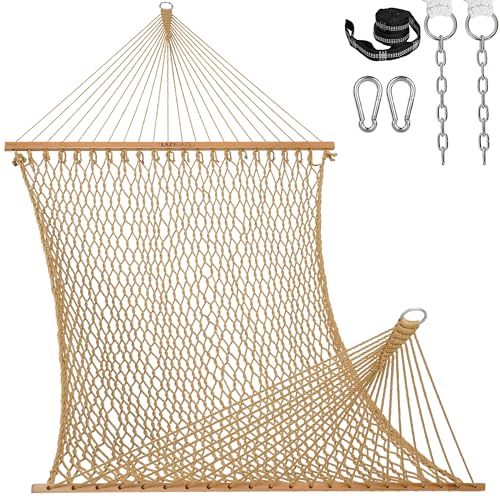 Lazy Daze Hammocks 13-FT Polyester Rope Hammock, Double 2 Person Traditional Hand Woven Outdoor Hammock with Spreader Bar, Carabiners, Tree Straps, Chains for Outside Patio- Max 450 Lbs, Tan - color: Tan