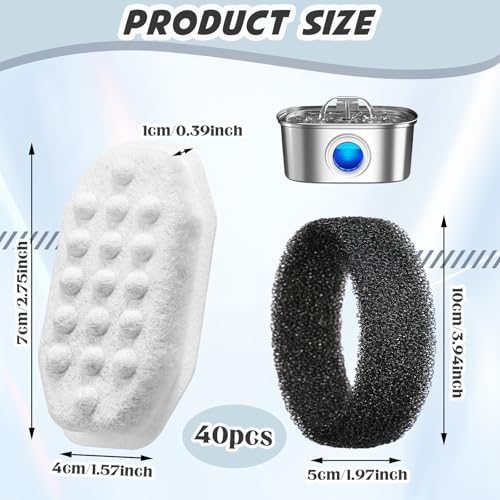 Lewtemi 40 Pack Cat Water Fountain Filter Pre-filter Sponges Set for Stainless Steel 3.2l/108oz 20 Pet Fountain Replacement Filters 20 Pre-filter Sponges for Cat Dog Water Fountains Filter Replacement