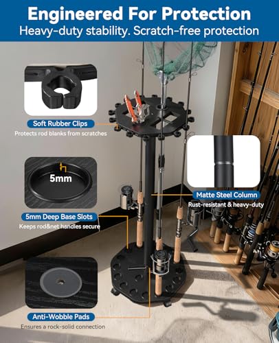 KEXMO Mobile Fishing Rod Holder Pole Rack for Garage, 360 Degree Lockable Wheels, Rigging Station, Heavy-Duty Steel Space-Saving Floor Stand, Holds 16 Combos, Fishing Gear Storage, Black - color: Black