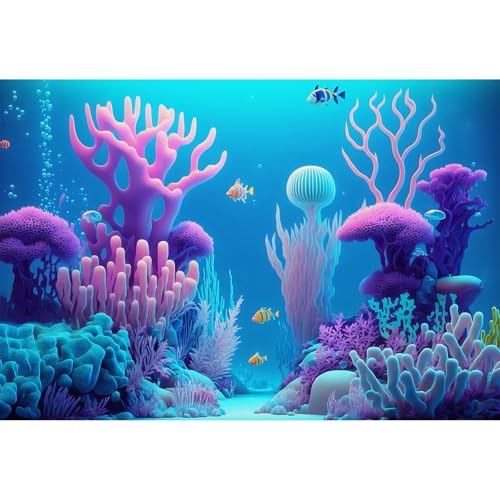 Underwater Landscape Aquarium Background Cartoon Style Pink Corals and Striped Fish Terrarium Background Tropical Colourful Fish Marine Sun Rays Fish Tank Backdrop Poster Decorations Vinyl 24x12in - color: Pure Blue, size: 24(W)x12(H)in