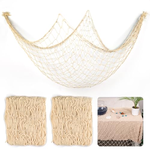 2 Pcs Fish Net Decorations, 39x78 Inch Cotton Nautical Themed Fishing Net, Wall Hanging Photo Display Fishnet for Coastal Bedroom Bathroom, Pirate Hawaiian Beach Under The Sea Party Decor, Beige - color: Beige