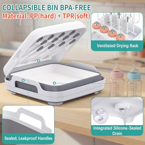 Yecuip Collapsible Wash Basin for Baby Bottles with Drying Rack – 2.4 Gallon Foldable Dish Tub with Handles, Portable RV Camping Sink & Space-Saving Wash Bin with Lid for Kitchen, Travel & Outdoor - color: Gray