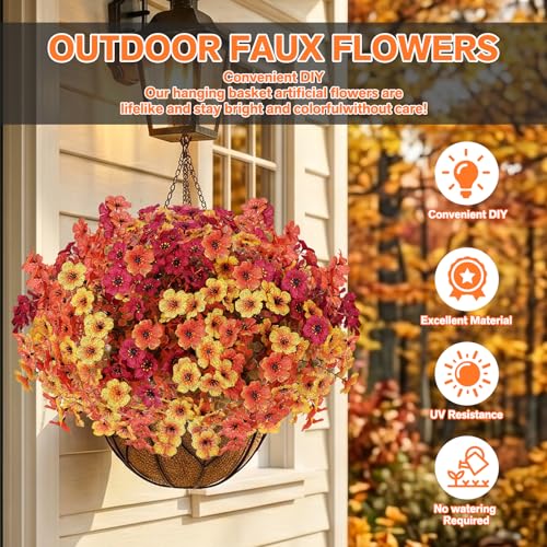 Artificial Flowers Fake Plants for Outdoors Spring Decoration, 13 Bundles Silk Realistic UV Resistant Faux Flowers for Outside Planter Porch Yard Patio Garden Home Indoor, Orange Mixed - color: Orange Mixed, size: Artificial Flowers(13 Pcs)