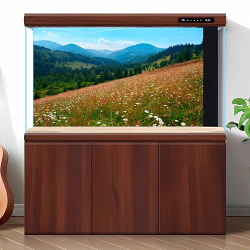 Mountain Spruces Aquarium Background Cloudy Blue Sky Wildflowers Meadow Fish Tank Background Fantastic Wild Nature Landscape Terrarium Backgrounds Carpathian Mountains Reptile Tank Backgrounds 24x12in - color: Orange_Green, size: 24(W)x12(H)inches/ 60(W)*