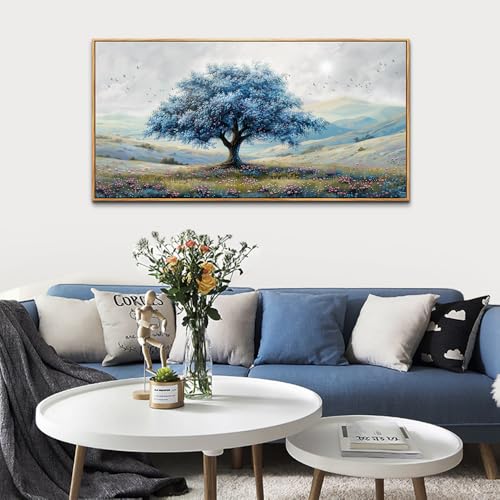 ZUITINGHUA Large Wood Framed Wall Decor For Living Room Canvas Wall Art For Office Modern Wall Decorations For Bedroom Blue Tree Landscape Painting Farmhouse Pictures Artwork Home Decor 24x48 In - color: Blue Tree Wood Framed, size: 48"L x 24"W