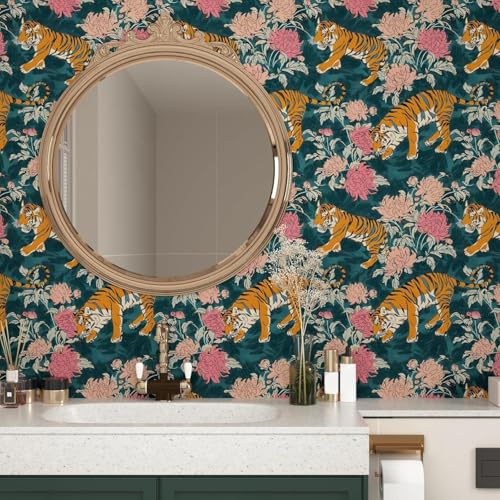 Tiger Wallpaper Peel and Stick, Vintage Blue Animal Floral Contact Paper 17.5" x 118", Antique Flower Wall Paper Self Adhesive Removable Waterproof for Bathroom Walls Shelves Cabinet Table Decor - color: Blue/Pink/Yellow, size: 17.5" x 118"