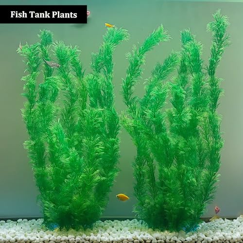 Extra Tall Aquarium Plants 23.6 Inch, 2 Pack Large Fish Tank Plants Plastic, Realistic Artificial Aquarium Decorations with Heavy Ceramic Base, Tall Fake Decorations for Large Fish Tanks - size: 23.62in