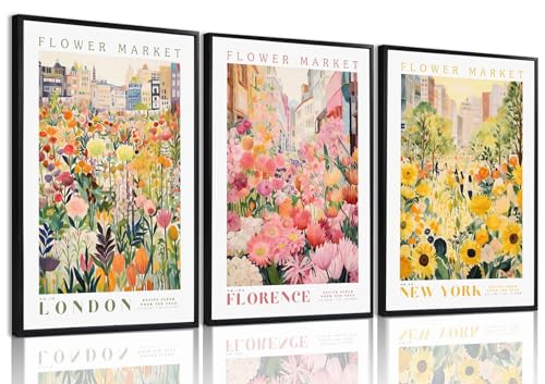 XLARTMY Flower Market Wall Art Print Canvas Yellow Pink Floral Paintings Colorful Botanical Sunflower Artwork Travel Poster for Decor Picture 3 pieces for Living Room Bedroom Bathroom 12x16in Unframed - color: Flower Market-2, size: 12x16in Poster