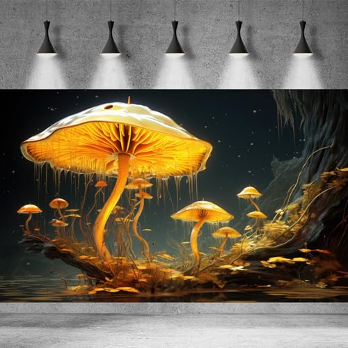 Fantasy Mushrooms Aquarium Background Fantasy Mushroom in Magical Enchanted Fairy Tale Stream Reptile Tank Enclosure Terrarium Backgrounds Mushroom Theme Landscape Fish Tank Backgrounds 24x16in - color: Yellow, size: 24(W)x16(H)in